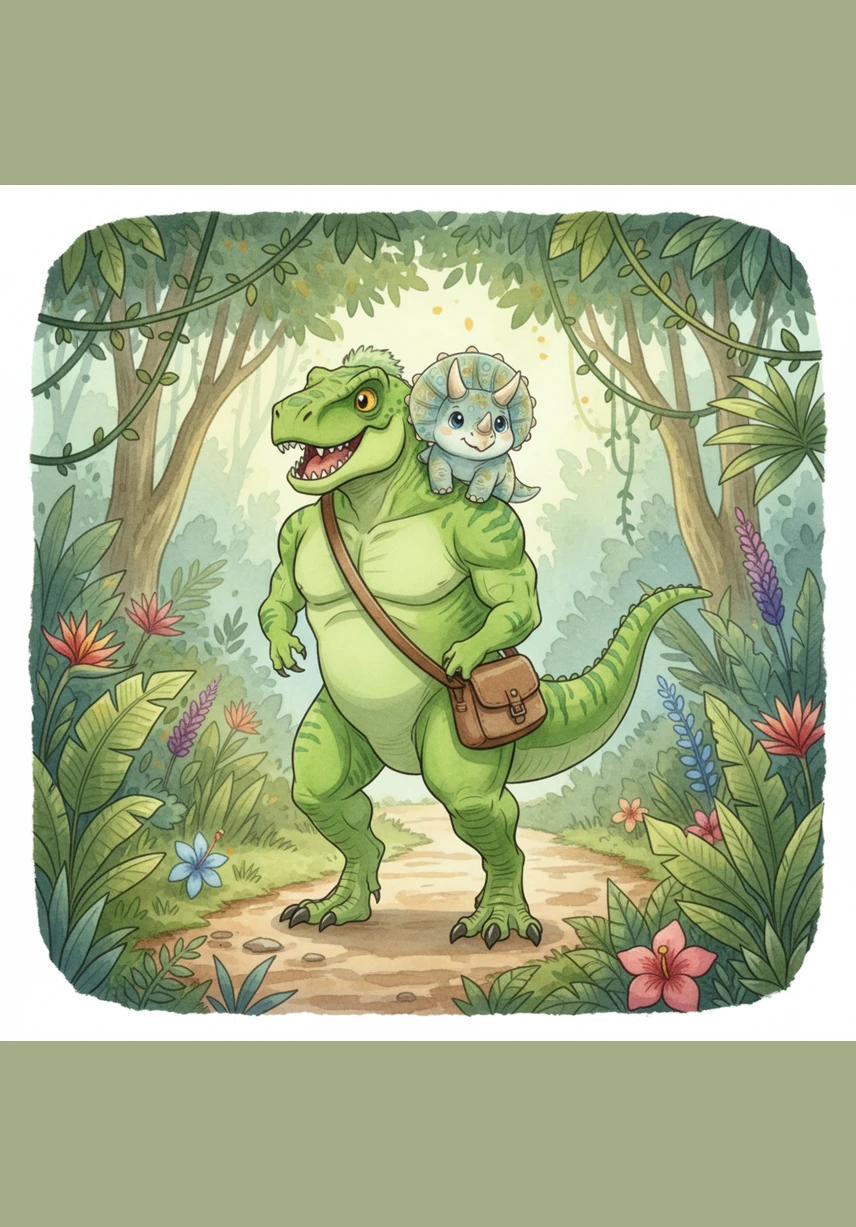 Rexy follows the map through the thick jungle, stomping his big feet happily. He walks past blue ponds and bright orange butterflies, feeling very excited for his adventure.