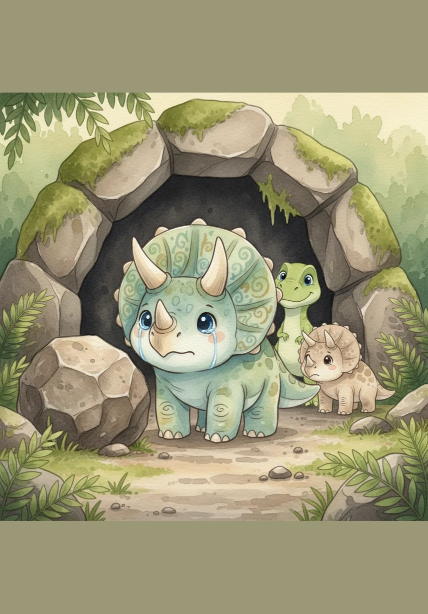 At the mouth of the secret cave, a large Triceratops stands in the way. He looks a little bit sad because a very heavy rock is blocking the entrance to the cave.