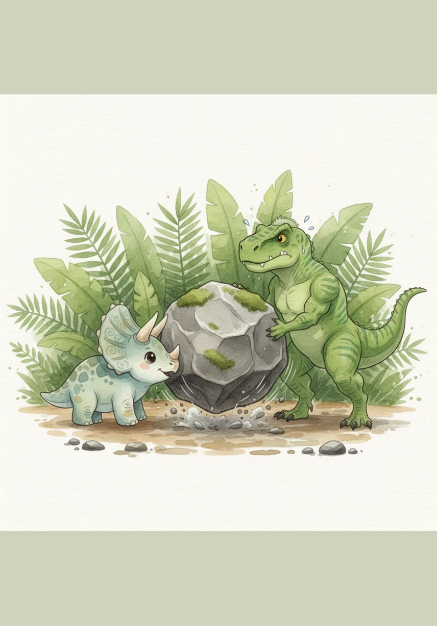 Rexy asks the Triceratops if they can be friends and work together. They both use their strong muscles to push the heavy boulder until it finally rolls away with a loud thud.