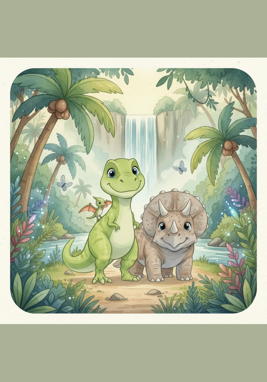 Rexy and the Triceratops walk into the cave and see a soft, golden light. The walls of the cave sparkle like stars, and the two friends feel very brave as they explore.