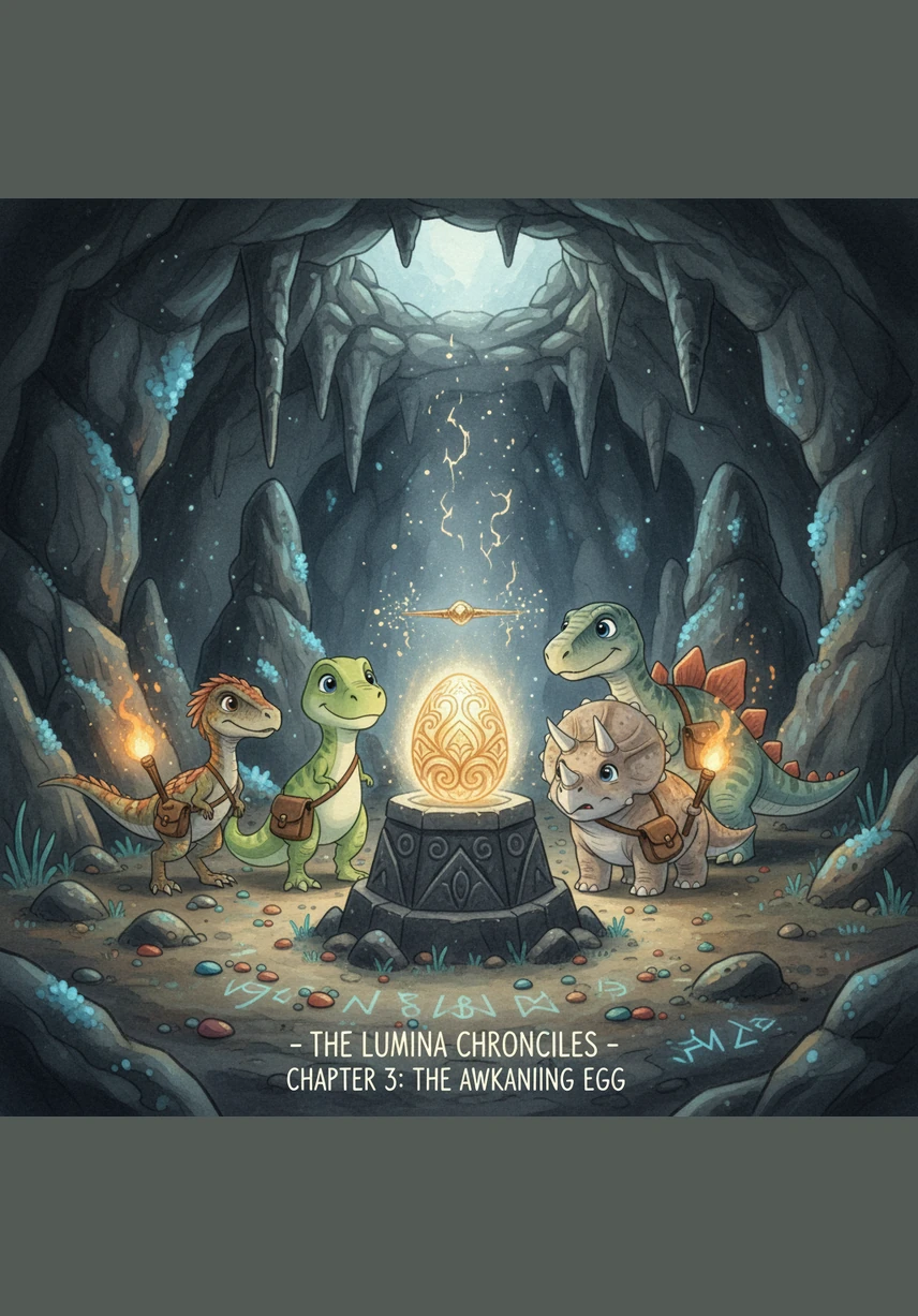 In the middle of the cave, they find a nest filled with beautiful, glowing golden eggs. It is the most wonderful treasure Rexy and the Triceratops have ever seen.