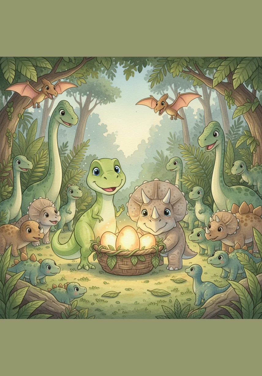 Rexy and his new friend decide to share their discovery with everyone in the jungle. They carry the glowing eggs outside and call all the other dinosaurs to come and see.