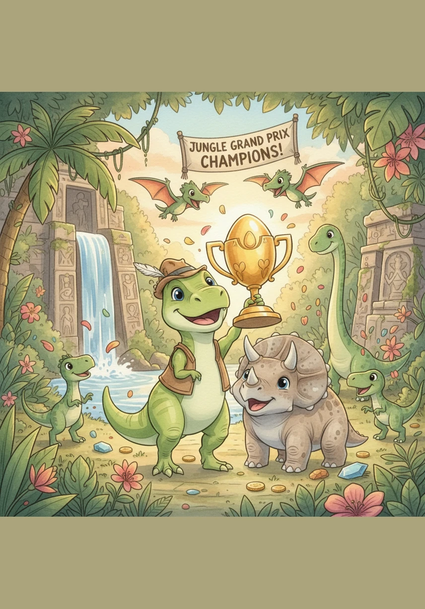 All the dinosaurs have a big party in the jungle to celebrate the treasure and their new friendship. Rexy is the happiest T-Rex in the world as they all dance together.