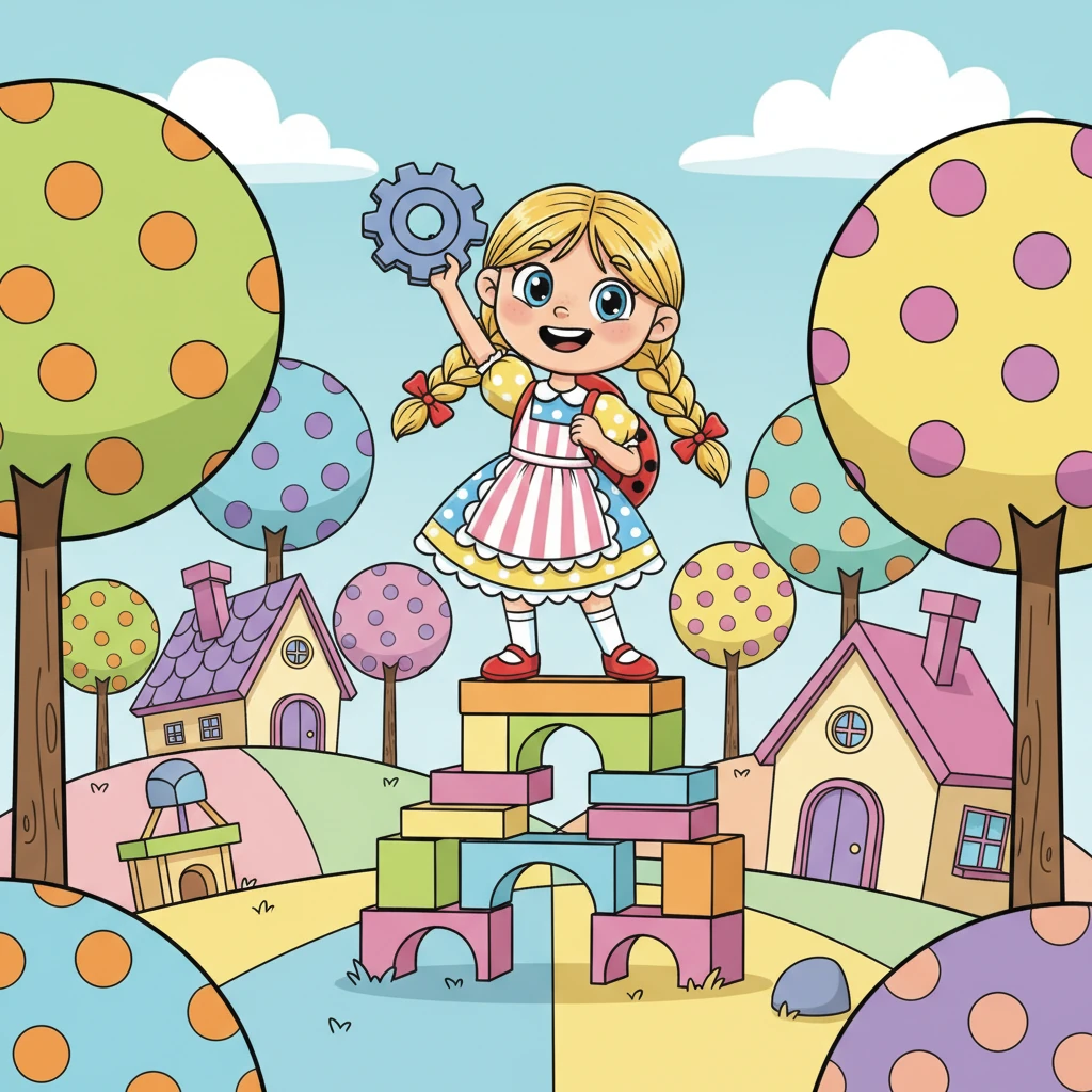 In einer Welt voller leuchtender Farben und kugelrunder Bäume lebte ein kleines, fröhliches Wesen namens Fini. Fini liebte es, sich neue Dinge auszudenken und alles Mögliche zu bauen, immer mit einem schelmischen Lächeln auf dem Gesicht. Ihr Zuhause war voller seltsamer Formen und leuchtender Farben, die ihre endlose Fantasie widerspiegelten.