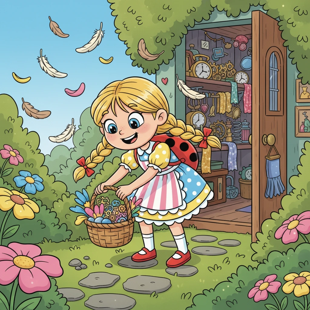 Sie eilte durch ihren Garten, sammelte glitzernde Steine, bunte Blütenblätter und weiche Federn, die vom Wind hergeweht wurden. In ihrer kleinen Werkstatt fand sie Zahnräder, Federn und glänzende Stofffetzen. Alles, was sie fand, schien perfekt für ihr neues Projekt zu sein.