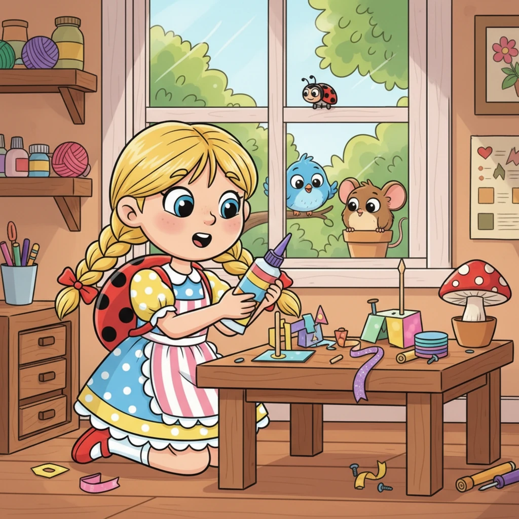 Mit einem fröhlichen Lied auf den Lippen begann Fini, ihre Materialien zusammenzusetzen. Sie klebte, schraubte und band mit großer Sorgfalt und Konzentration. Die kleinen Tierchen, die in ihrem Garten lebten, lugten neugierig durch das Fenster und beobachteten ihr geschäftiges Treiben.