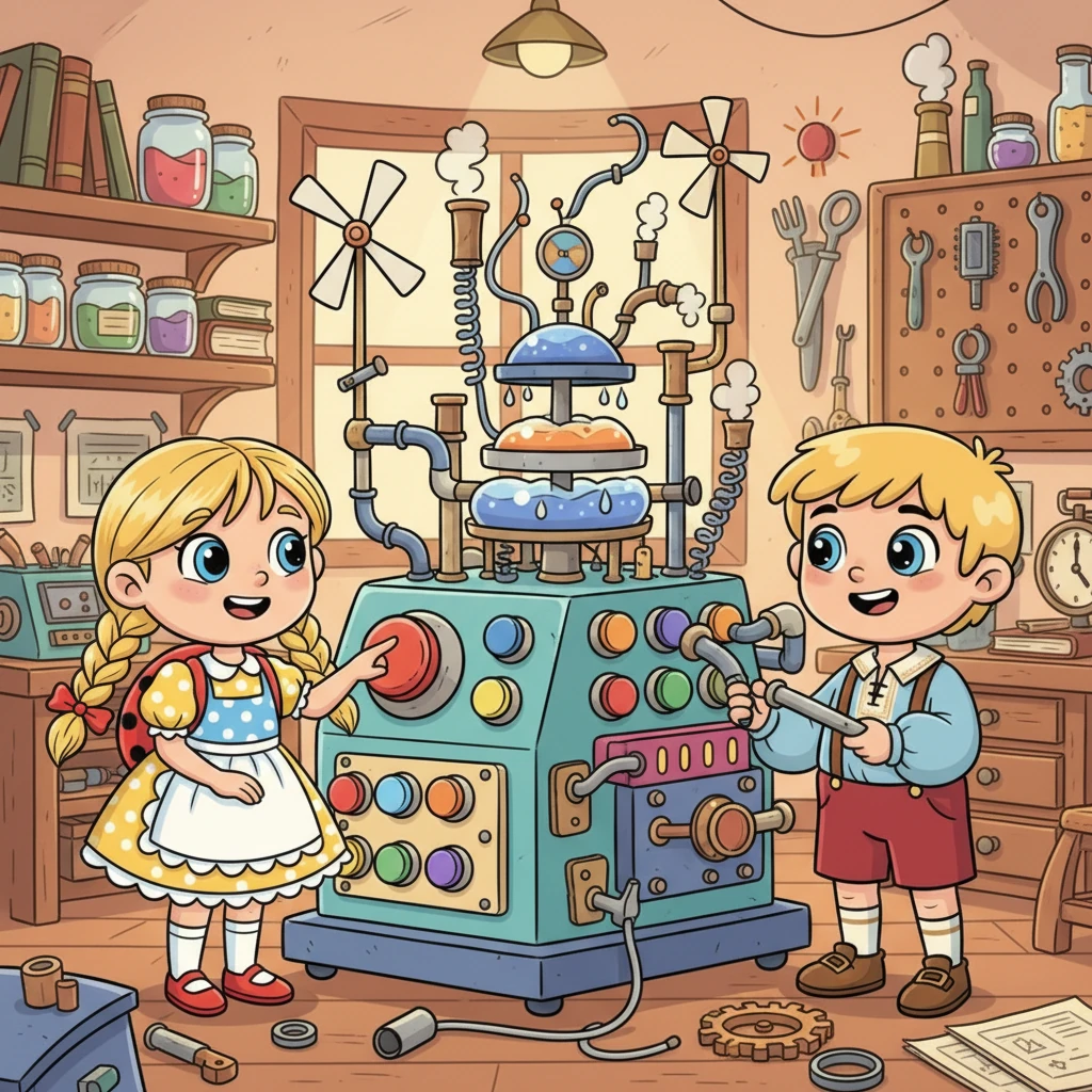 Langsam nahm ihre Erfindung Gestalt an: eine seltsame, aber wunderschöne Maschine. Sie hatte große, bunte Knöpfe, kleine Pfeifen und viele drehende Teile, die wie ein spielerisches Kunstwerk aussahen. Jedes Detail war mit Liebe und Fantasie geschaffen worden.