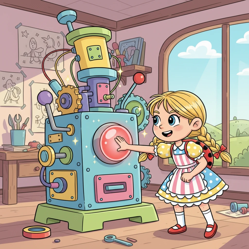 Endlich war die Wundermaschine fertig! Fini nahm einen tiefen Atemzug und streckte ihre kleine Hand aus. Mit einem grandiosen Schwung drückte sie den größten, leuchtend roten Knopf in der Mitte der Maschine.