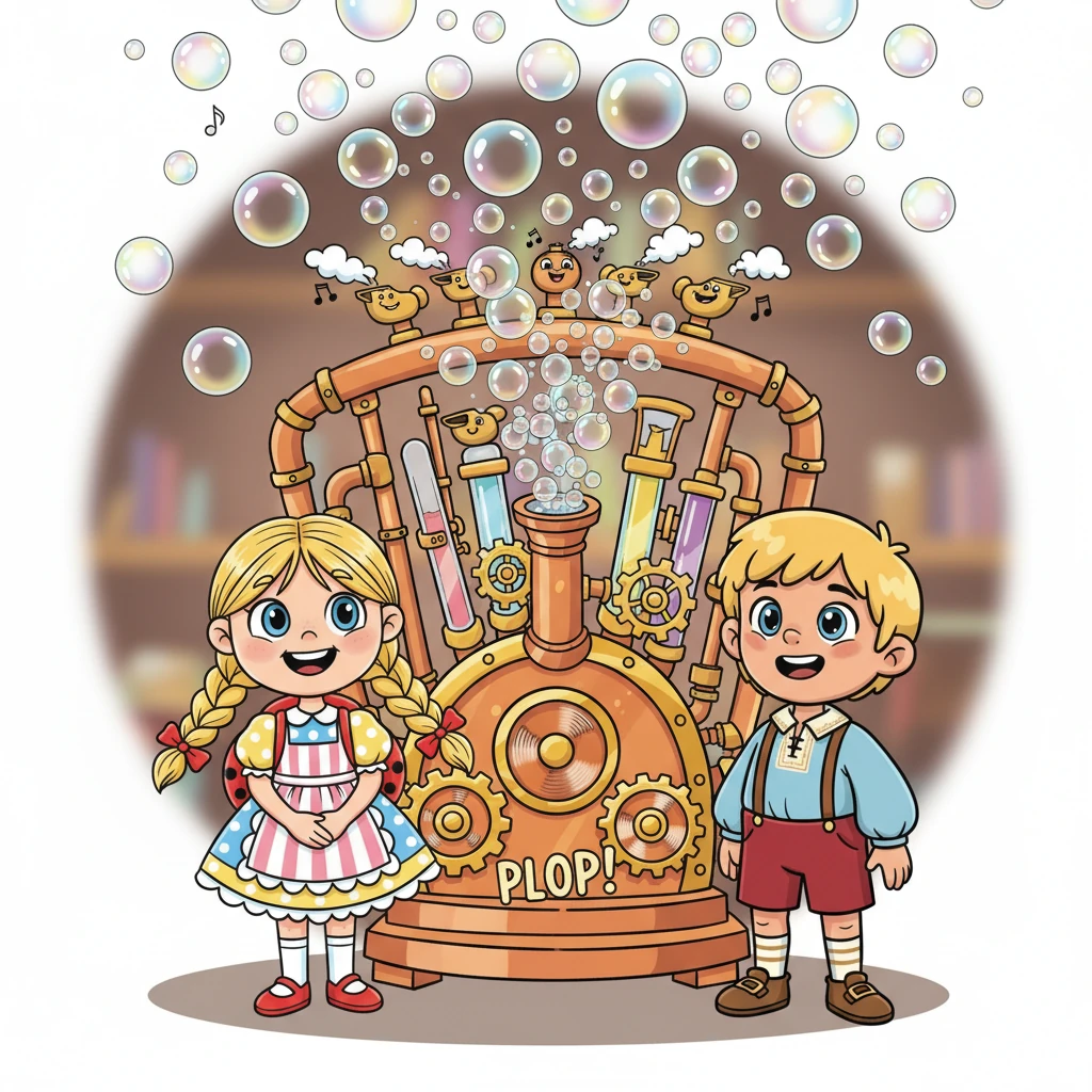 Die Maschine begann zu brummen und zu summen, ihre Zahnräder drehten sich wild und die Pfeifen pfiffen fröhliche Melodien. Dann spuckte sie mit einem leisen Plopp Tausende von schillernden, bunten Blasen aus. Sie schwebten sanft in die Luft und füllten den Raum.
