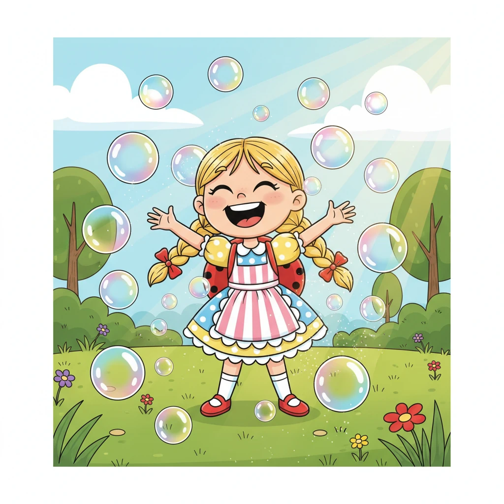 Fini lachte laut vor Freude, als die magischen Blasen um sie herumtanzten und im Sonnenlicht glitzerten. Es war ein zauberhafter Anblick, der ihr kleines Herz höherschlagen ließ. Die Welt um sie herum schien in einem Meer aus schwebenden Farben zu versinken.