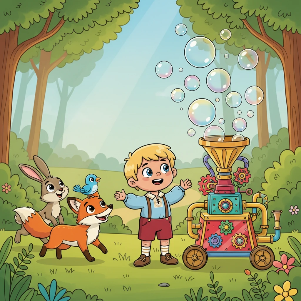 Ihre Freunde, ein neugieriger Hase, ein kleiner Vogel und ein fröhlicher Fuchs, kamen angelaufen, angelockt von den seltsamen Geräuschen und dem wundervollen Anblick. Sie staunten nicht schlecht über Finis fantastische Erfindung und die schwebenden Blasen.