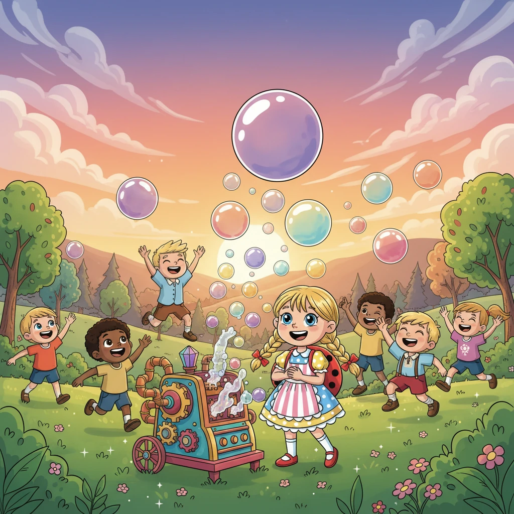 Fini teilte ihre Wundermaschine mit all ihren Freunden. Gemeinsam spielten sie den ganzen Tag, jagten Blasen und lachten, bis die Sonne unterging. Finis Erfindung hatte die ganze Welt mit Freude und Farbe erfüllt, und sie wusste, dass das nur der Anfang war.