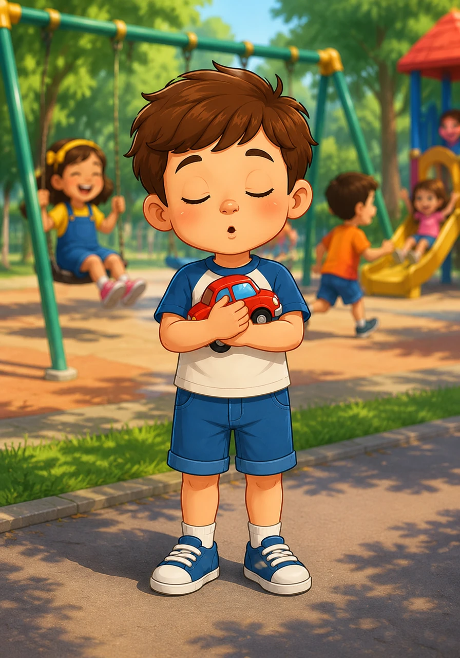 Leo stands at the edge of the bustling playground, tightly holding his favorite red toy car. He takes a deep, calming breath, watching the vibrant green swings gently sway in the morning breeze while the ambient sounds of children playing fill the air.