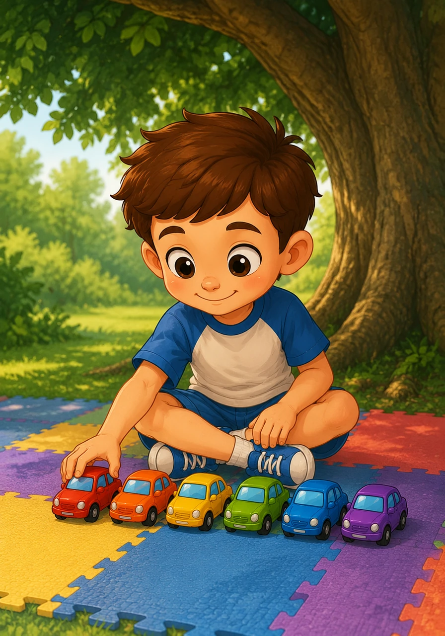 Walking with purposeful steps, Leo heads straight for his favorite spot beneath the big shade tree. He sits cross-legged on the soft rubber mat and lines up his colorful toy cars in a perfect, comforting row, feeling the smooth texture of each wheels.