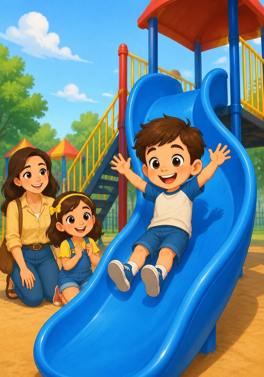 Leo decides it is time for the big blue slide, his absolute favorite attraction. He climbs the steps one by one, counting them silently in his head, before sitting at the top and feeling the thrilling, predictable rush of wind as he glides safely to the bottom.