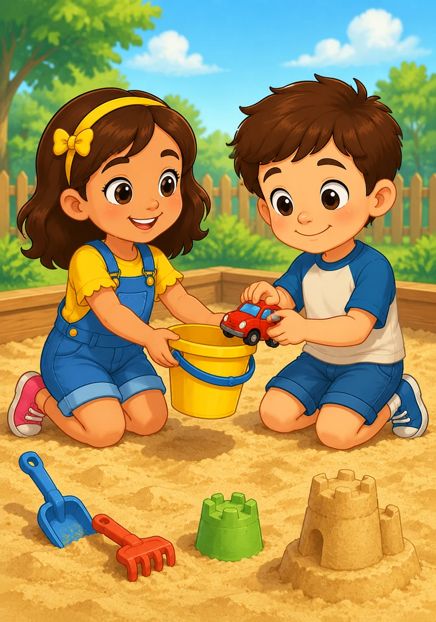 Nearby, a friendly girl named Maya holds out a bright yellow bucket, offering to share her sandbox toys. Leo looks at the bucket, smiles softly, and gently taps it with his red car to show he is happy to play side-by-side with his new friend.