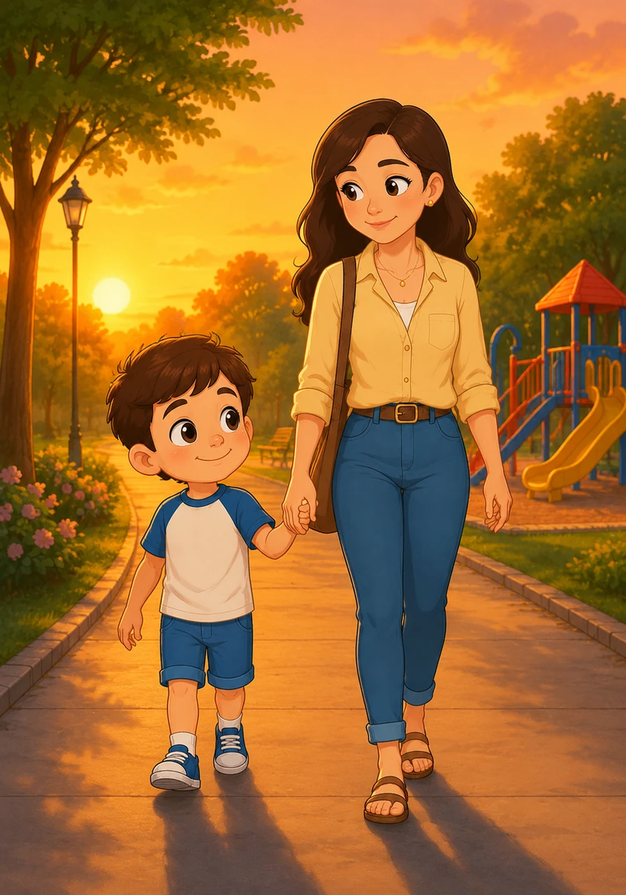 As the afternoon sun begins to set, casting a warm orange glow over the park, Leo proudly walks hand-in-hand with his mother. He looks back at the playground with a peaceful smile, knowing exactly where everything will be when he returns tomorrow.