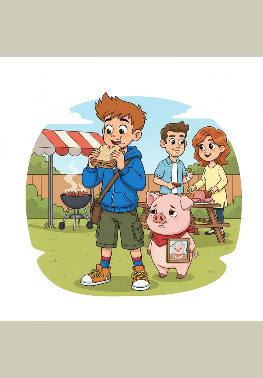 Marco è un bambino vivace che adora i suoi panini al prosciutto ogni giorno a merenda. Si gode il sapore saporito senza mai soffermarsi a pensare da dove provenga davvero quel cibo che mangia con tanta voglia.