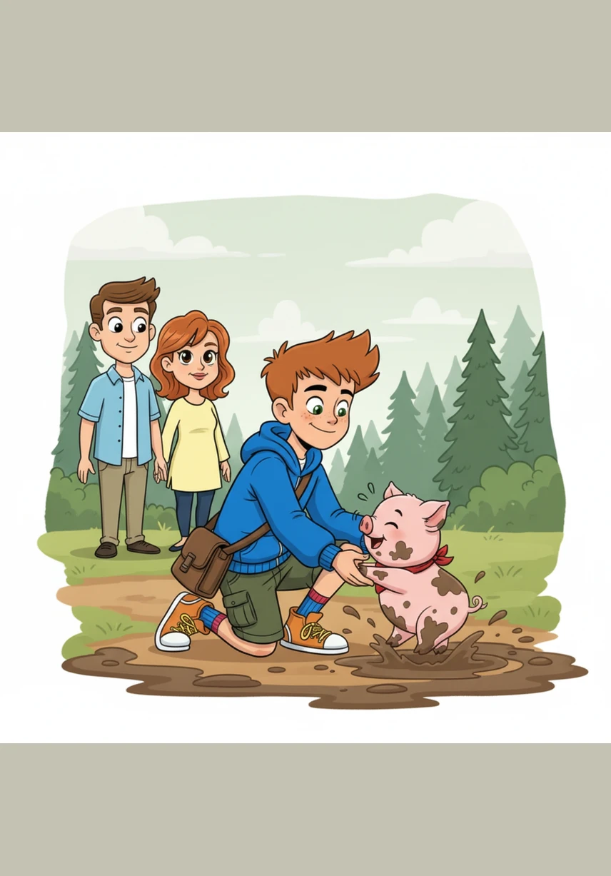 Pippo risponde alla voce di Marco, strofinando il musetto contro la sua mano e giocando nel fango con piccoli grugniti di gioia. Marco si rende conto che Pippo è un essere sensibile e giocherellone, proprio come il suo amato cagnolino di casa.