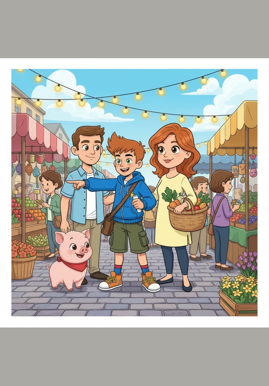 Insieme esplorano il mercato locale, scoprendo un mondo meraviglioso fatto di verdure colorate, legumi nutrienti e deliziose ricette a base vegetale. Marco resta incantato dai colori vivaci dei peperoni, dei ceci e delle lenticchie profumate che riempiono i banchi.