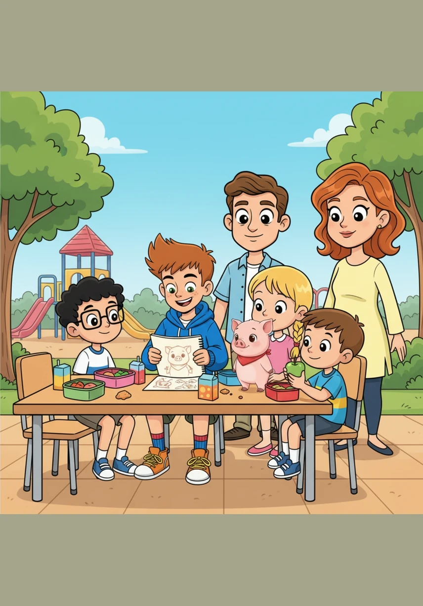 Marco condivide il suo pranzo vegetale con i compagni di scuola, raccontando loro con entusiasmo la storia della sua amicizia con Pippo. Si sente leggero e felice, sapendo che ogni suo pasto ora contribuisce a rendere il mondo un posto più gentile per tutti.