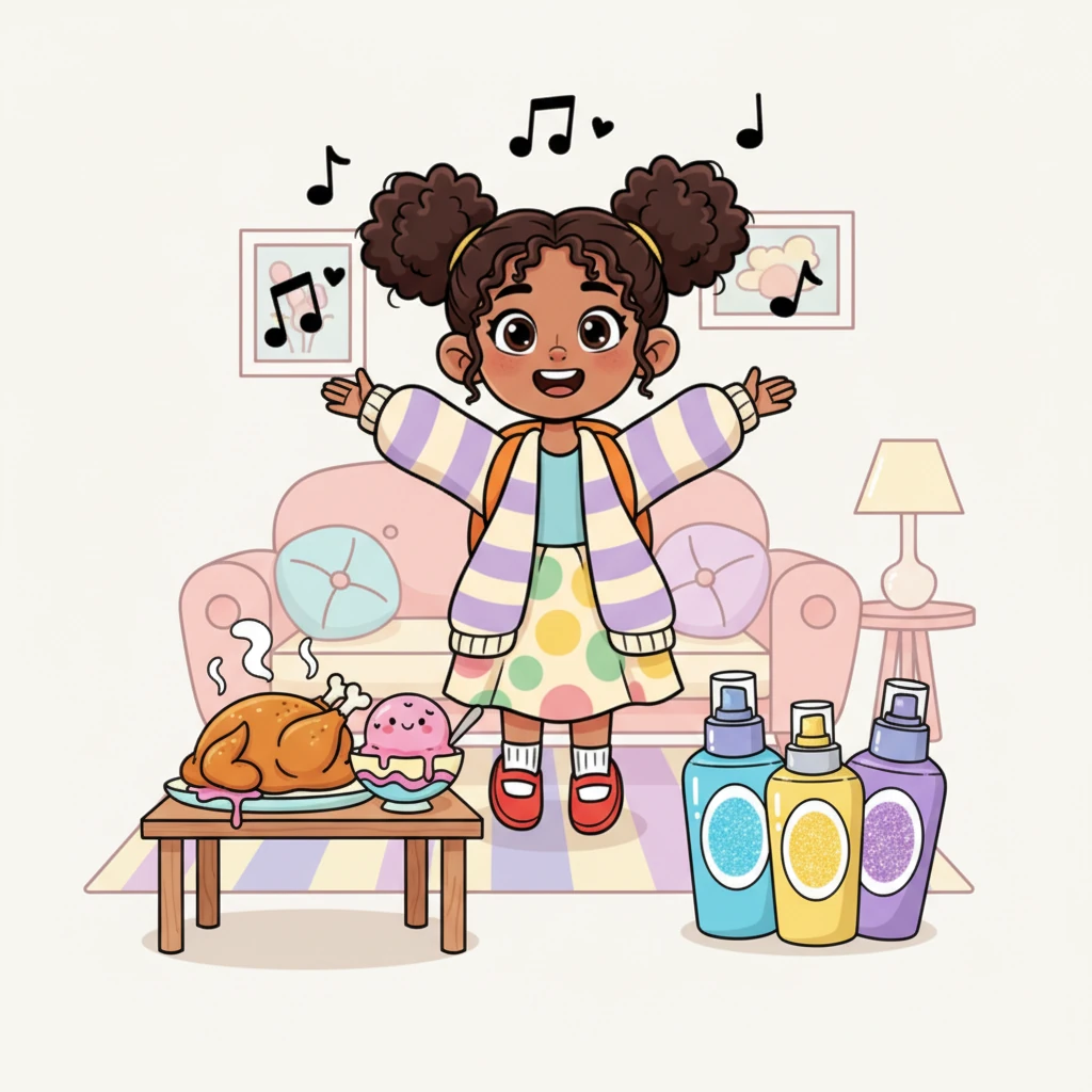 In a cozy, brightly colored house, Chaitra Vardhini smiles amidst her favorite things. A delicious chicken dish steams on the table, a scoop of ice cream melts happily in a bowl, and shiny skincare bottles sparkle like treasure. Music notes dance playfully around her, making her world feel full of joy.