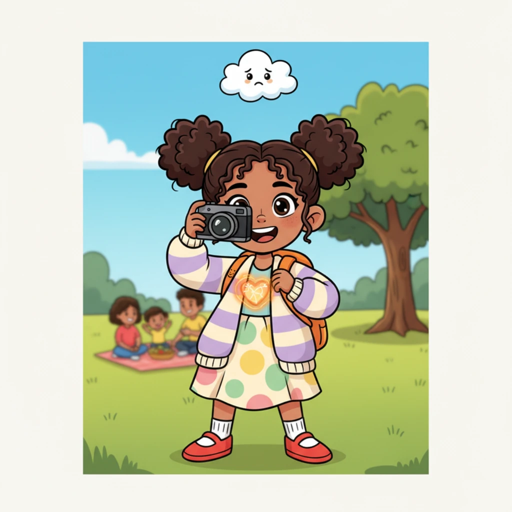 Chaitra, with a big, loving heart, captures happy family moments with her camera, her expressive face beaming. Yet, a tiny, fluffy cloud with a worried frown floats above her head, showing her tender feelings. Her heart glows with warmth, delicate and beautiful like a fragile glass ornament.