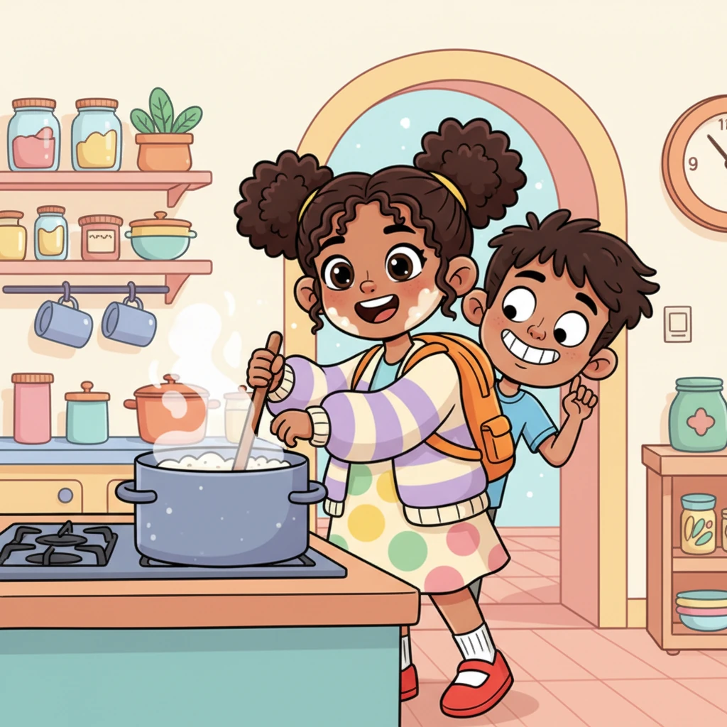 In a wonderfully whimsical kitchen, Chaitra giggles as she stirs a pot, her face dusted with flour, looking absolutely adorable. Her brother, with a comically exaggerated teasing grin, peeks around the corner. Chaitra just wants full tummies and happy faces, radiating pure joy as she cooks.
