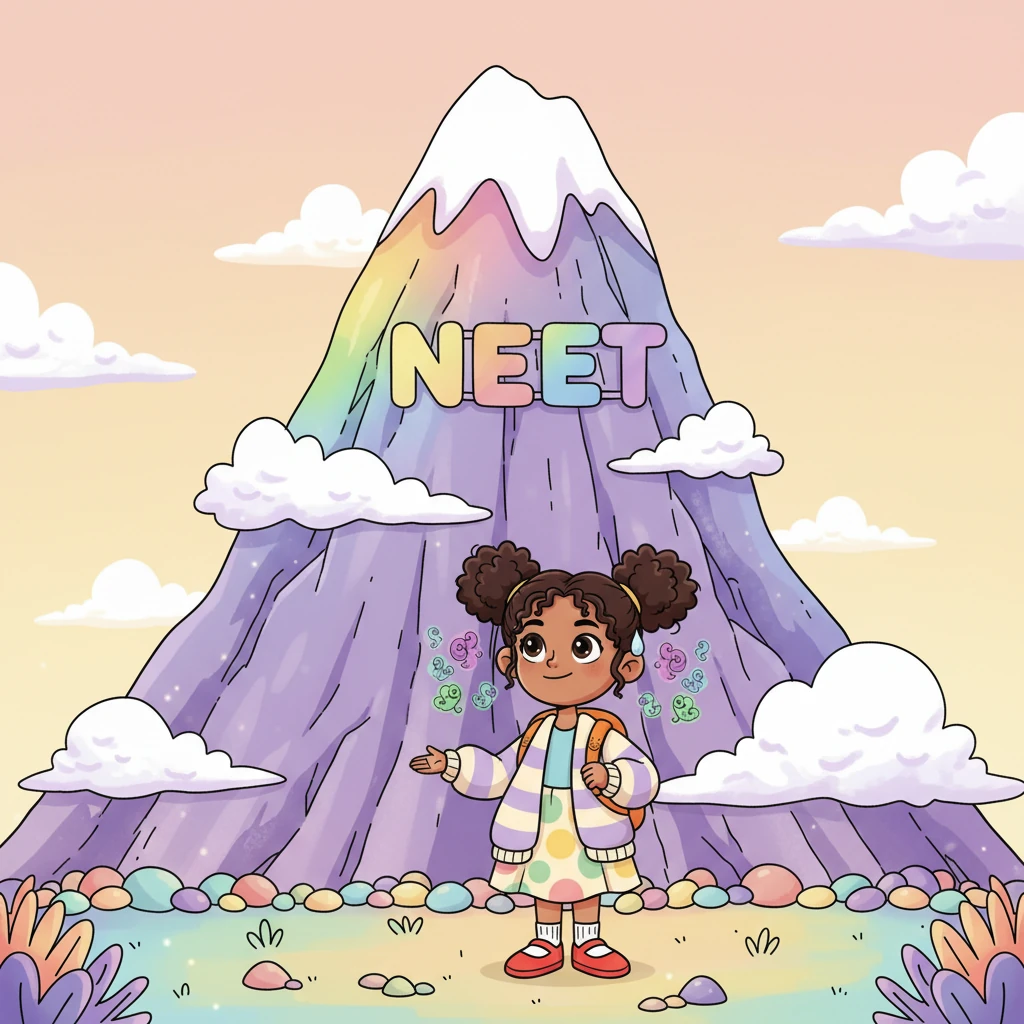 Suddenly, Chaitra stands at the base of a gigantic, fantastical mountain, its peak reaching high into the clouds, playfully labeled 'NEET'. One side of her face shows brave determination, but a tiny worried sweat drop appears on the other. Little mischievous doubt-whispers swirl around her ears like tiny sprites.