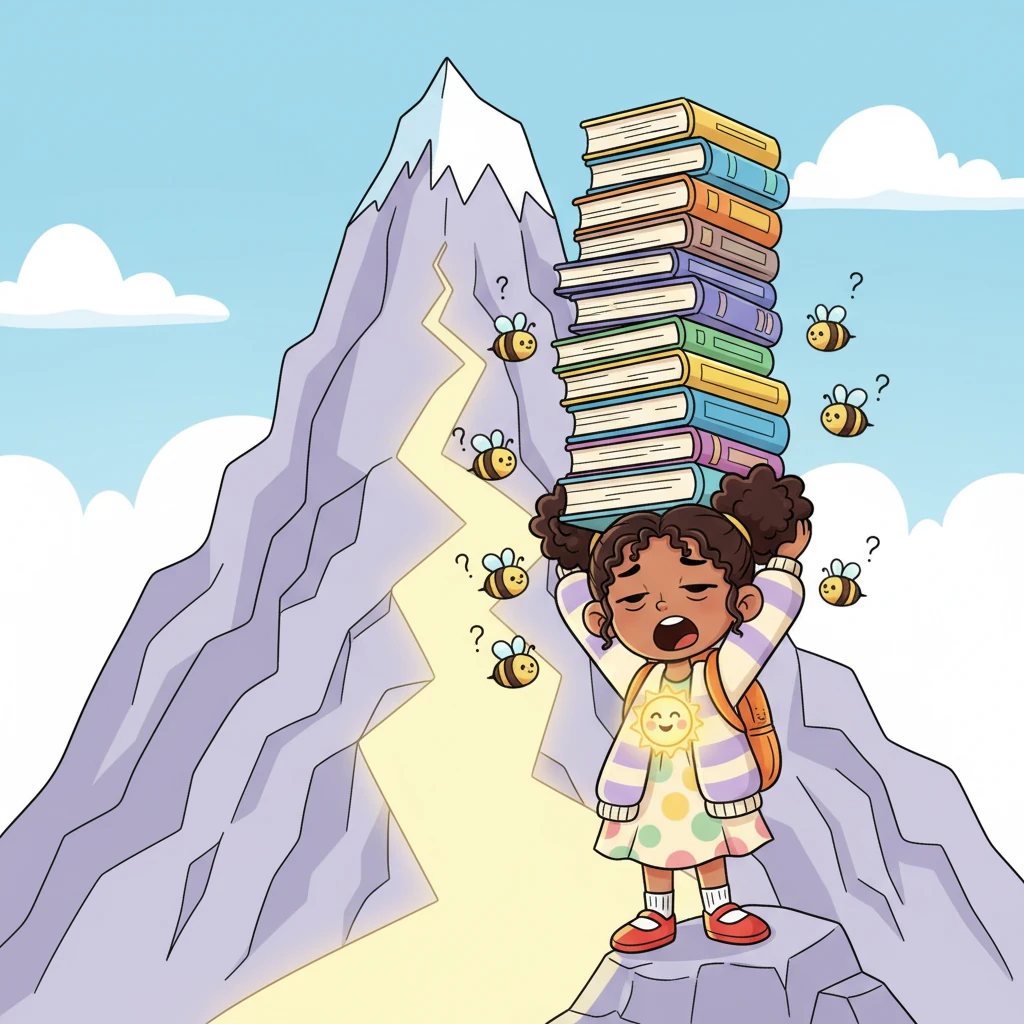 With comically sleepy eyes and a towering stack of oversized books, Chaitra begins her climb up the 'NEET' mountain. Buzzing doubt-bees flit around her head, but a bright, cheerful sun of hope shines from her chest, illuminating her path with warm, golden light.