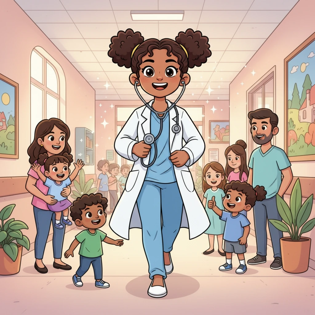 At the very top of the mountain, a sparkling vision appears: Chaitra, now a confident doctor in a crisp white coat, strides through a brightly lit, bustling hospital. She holds a stethoscope and greets happy, healthy cartoon patients, her dream beautifully coming true.