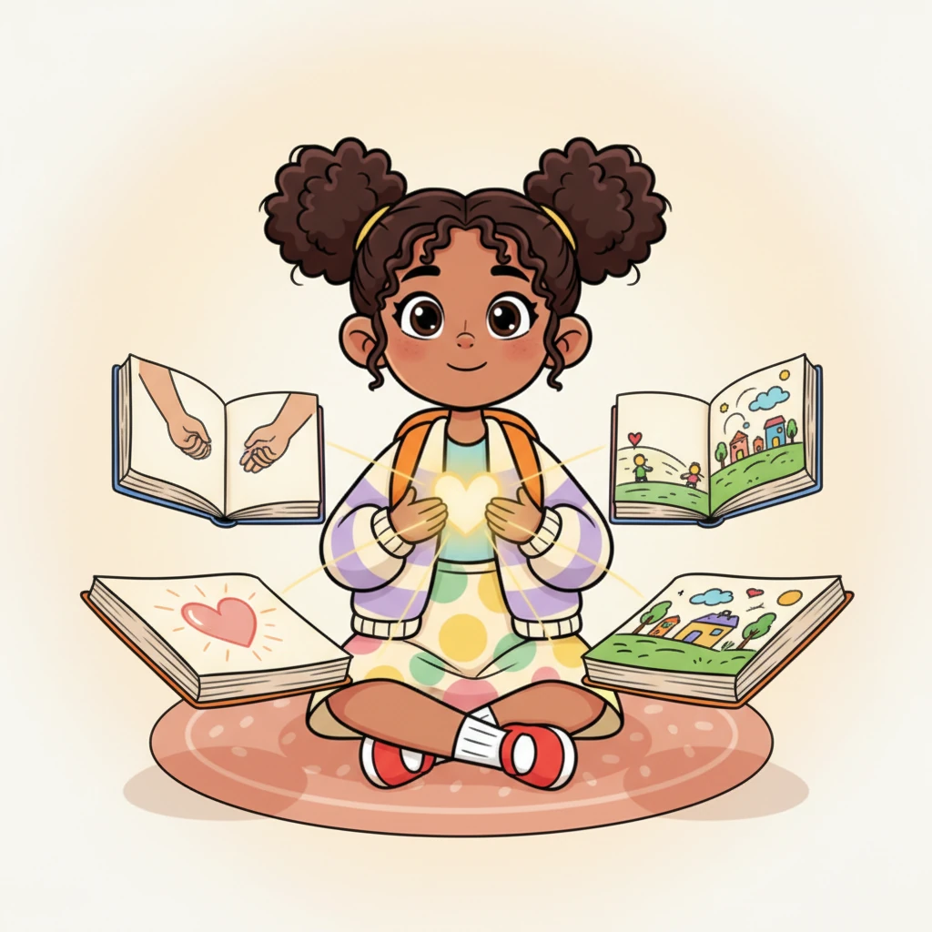 Chaitra sits surrounded by open books, but instead of words, the pages magically show images of her future: kind hands helping a child, a glowing heart symbol, and a vibrant world made better by her gentle care. A soft, warm light radiates from her, connecting her studies to her kind heart.