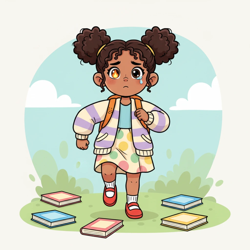 Sometimes, a tear rolls down Chaitra's cheek, but with each brave step, her arms and legs visibly grow stronger, like a tiny superhero. Books are scattered around, but a small, determined flame burns brightly in her eyes, showing her unwavering spirit.