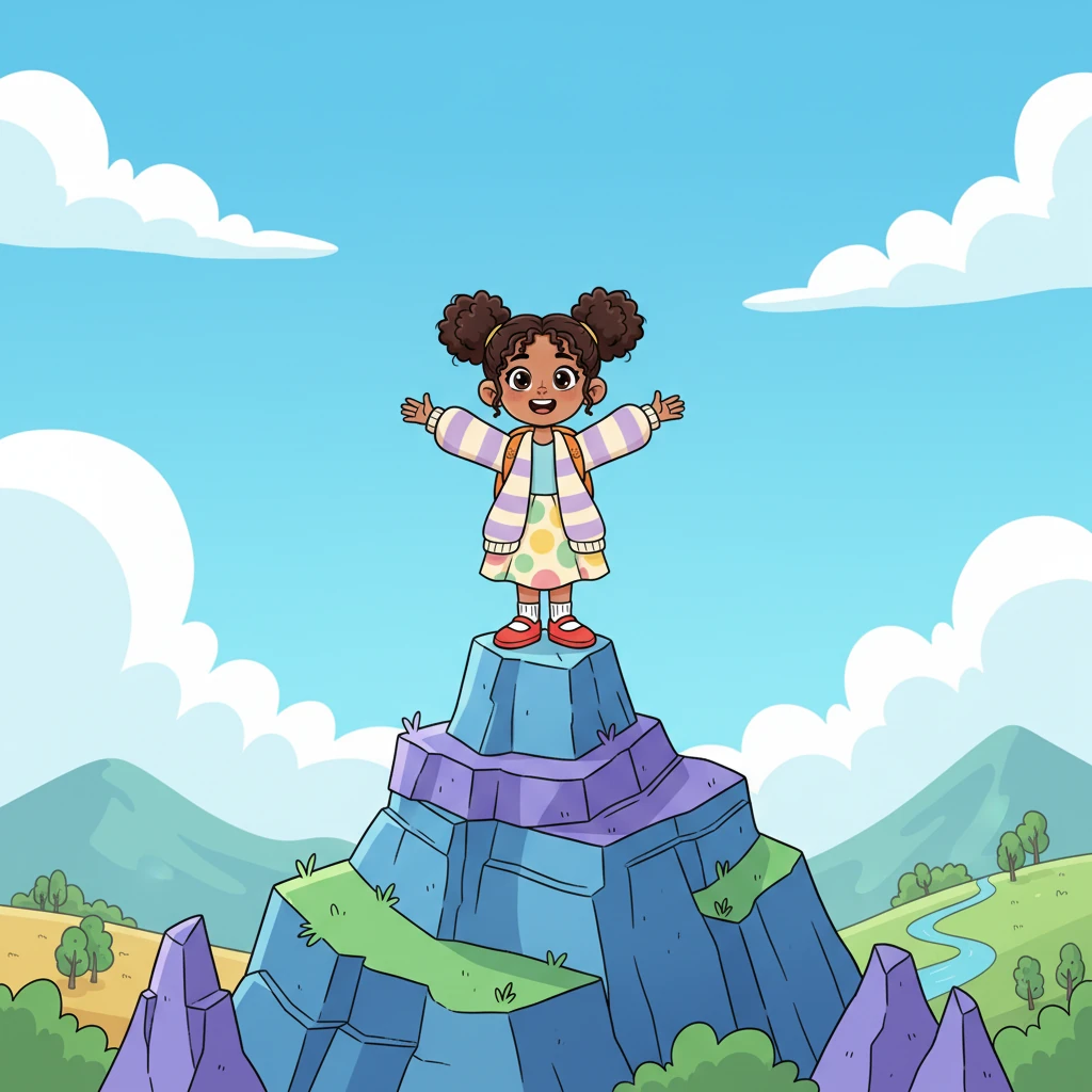 Finally, Chaitra stands triumphantly at the very top of the 'NEET' mountain, her arms thrown wide in a gesture of pure joy. A huge, happy smile spreads across her face as she takes a deep, satisfying breath, gazing at the bright, clear world below.