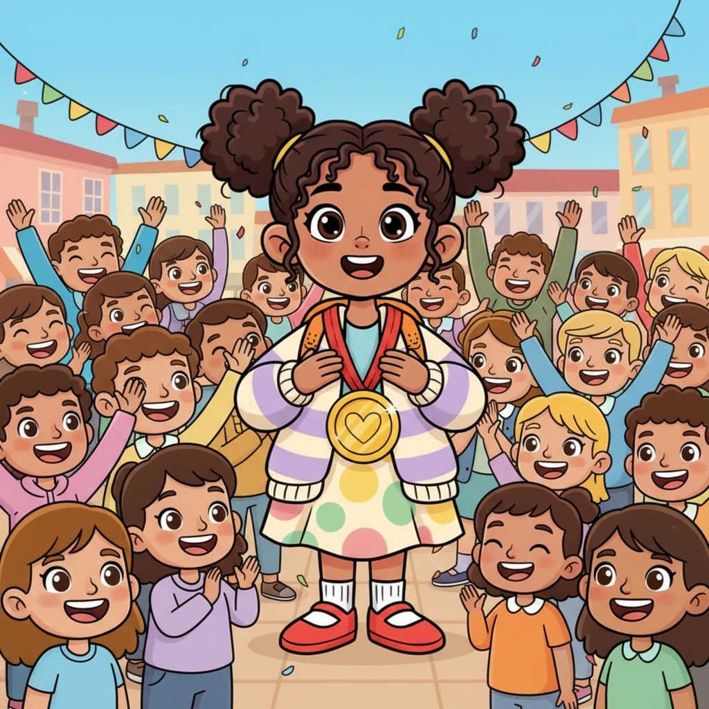Chaitra now stands tall and radiant, wearing a sparkling 'Hero of Heart' medal that gleams with pride. She is surrounded by a crowd of cheering, happy cartoon characters, celebrating not just her achievement, but the wonderful, kind, and brave person she has become. She is a true hero.