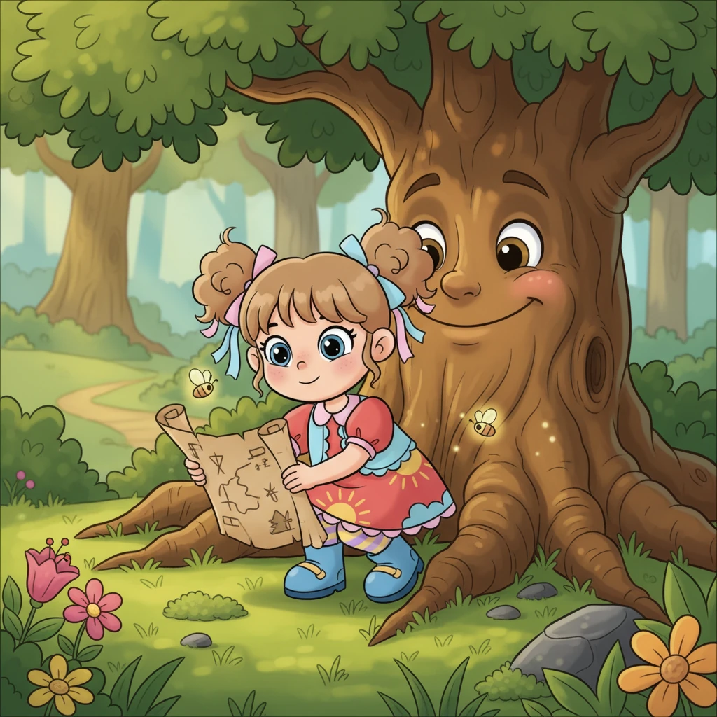 One sunny afternoon, while exploring a lush, enchanted forest, Milana stumbled upon an ancient, rolled-up map hidden beneath the roots of a giant, smiling oak tree. Its edges were crinkled, and curious symbols hinted at a far-off destination. 'I wonder what could be there?' Milana pondered, her eyes sparkling with curiosity.