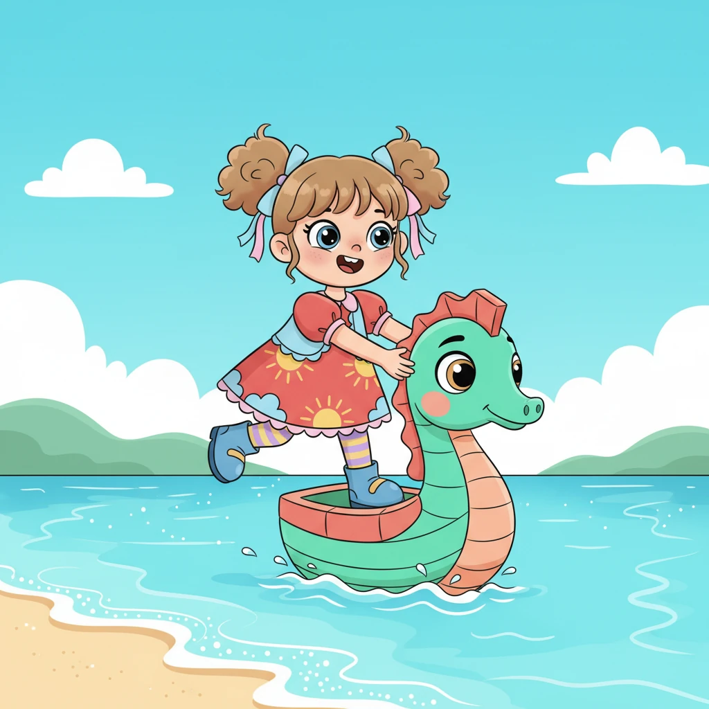 Following the map's whimsical path, Milana soon reached a sparkling, turquoise shore. There, bobbing gently on the waves, was a small boat that looked astonishingly like a friendly, chubby seahorse! Its big, round eyes seemed to wink at her. 'Well, my new friend, let's embark!' Milana exclaimed, eagerly hopping aboard.