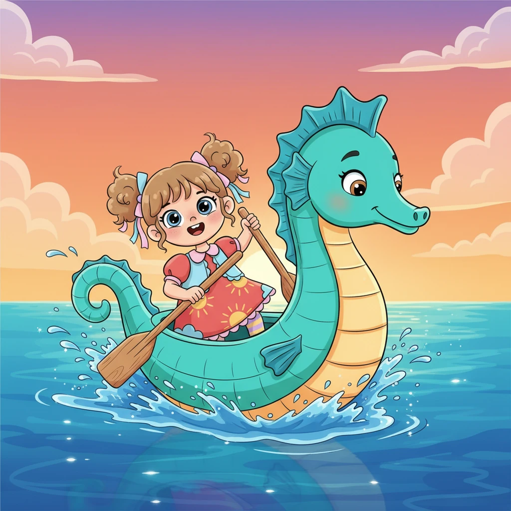 As soon as Milana picked up the oars and began to paddle, the seahorse boat magically came to life! It began to dance and twirl gracefully on the water, its tail playfully splashing. Milana burst into delighted giggles, the sound echoing across the serene ocean. This was no ordinary journey; it was a joyful ride!