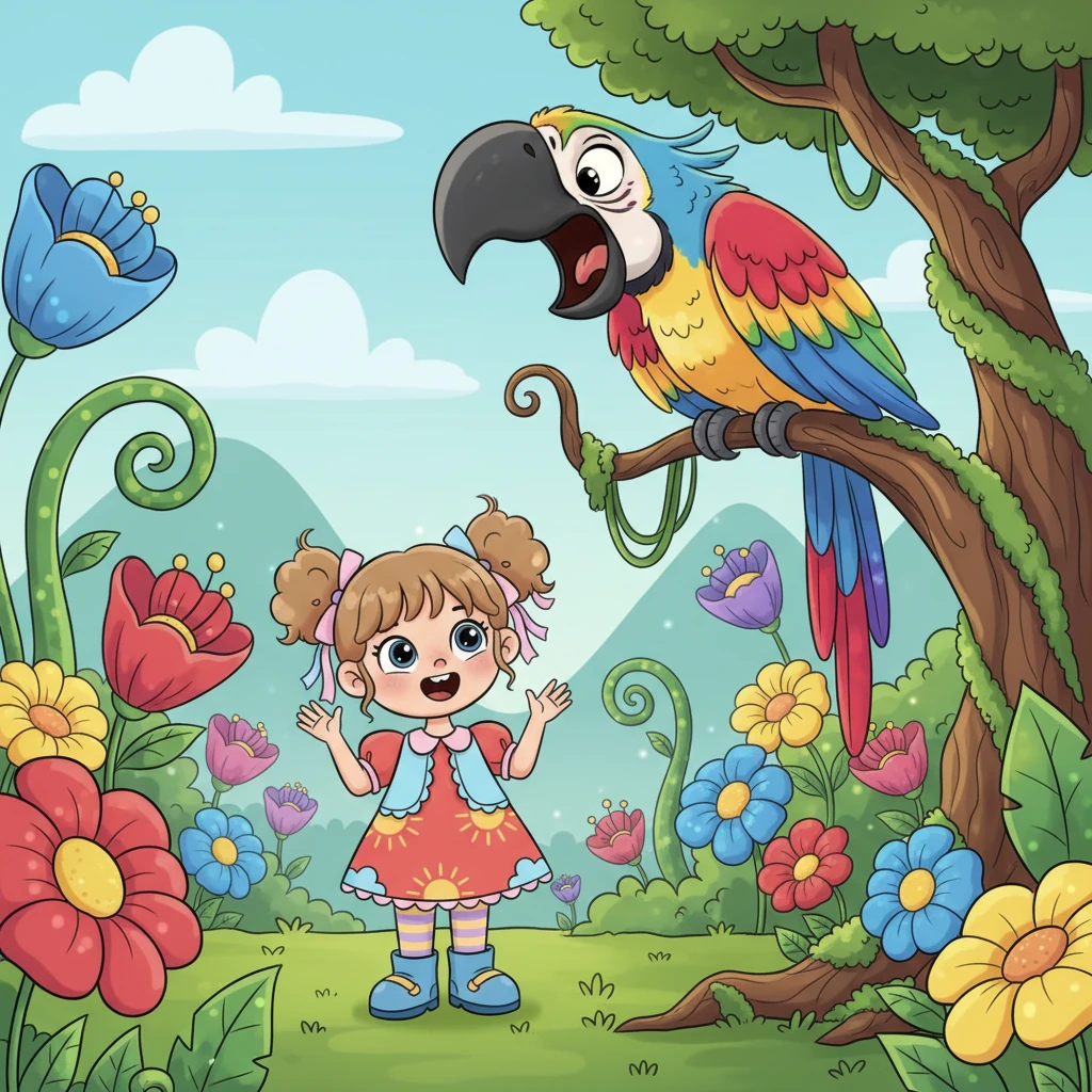 Upon reaching the lost island, Milana discovered a breathtaking landscape covered in brilliant, oversized flowers and unique, whimsical plants. Her joy, however, took a surprising turn when she spotted an enormous, boisterous parrot perched on a towering, twisty tree, cackling loudly. 'Hey there, little explorer! Do you know why this island is lost?' squawked the parrot.