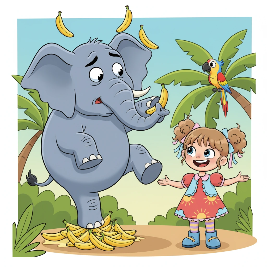 The parrot explained, 'Because the funniest creatures in the world live here, and no one can resist laughing! So, if you want to leave the island, you need to make three of them laugh!' Milana, always ready for a joke, thought this would be easy. She first encountered a huge elephant, comically struggling with slippery bananas.