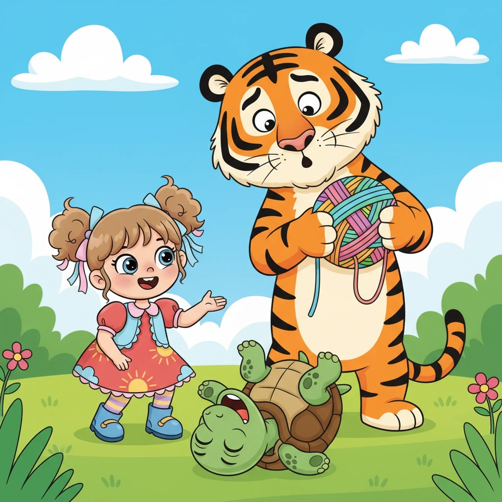 Milana, chuckling, asked the turtle, 'Do you know why turtles can't play soccer? Because they always forget which side the goal is on!' The turtle became so engrossed in laughter that it completely forgot about its tumble. Finally, she met a giant tiger trying to tell a joke but mixing up his words.