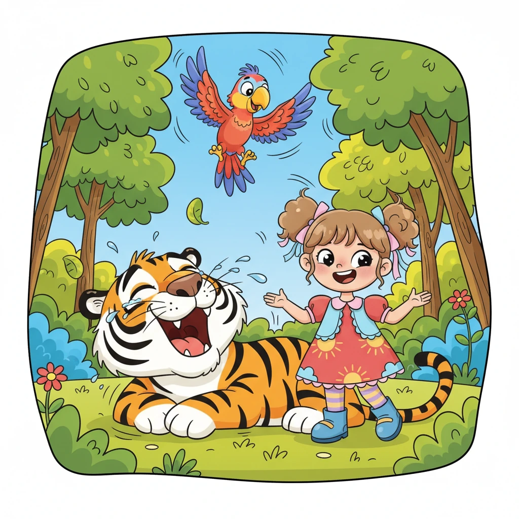 Milana decided to help the tiger: 'Do you know why tigers always look so serious? Because they're usually trying not to laugh at their prey!' The tiger laughed so hard that all the surrounding trees shook with his mirth. After Milana had made all three creatures laugh, the parrot returned and praised her.