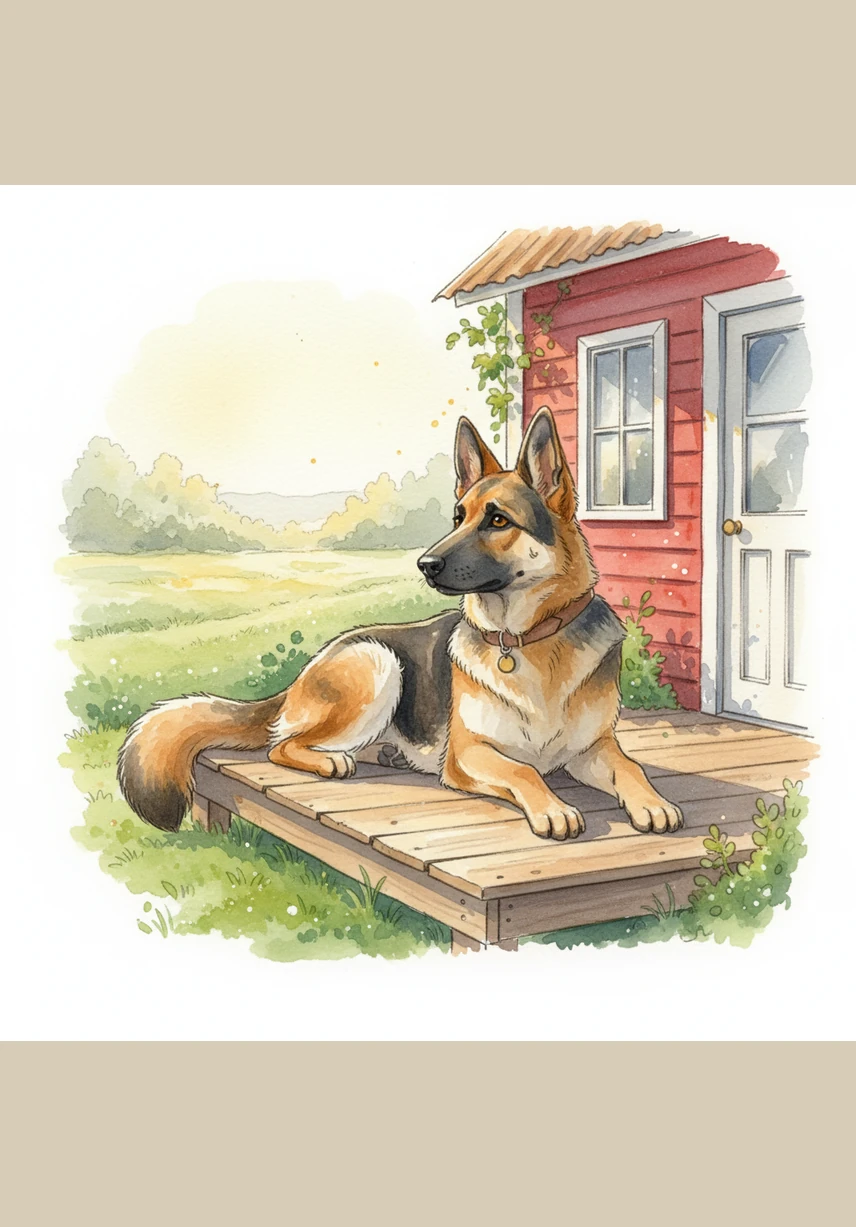 Bruno, en ståtlig och vaksam schäfer, vilar på verandan till det röda lilla huset. Han tittar ut över de daggstänkta ängarna medan morgonsolen kastar ett gyllene ljus över hans bruna och svarta päls.