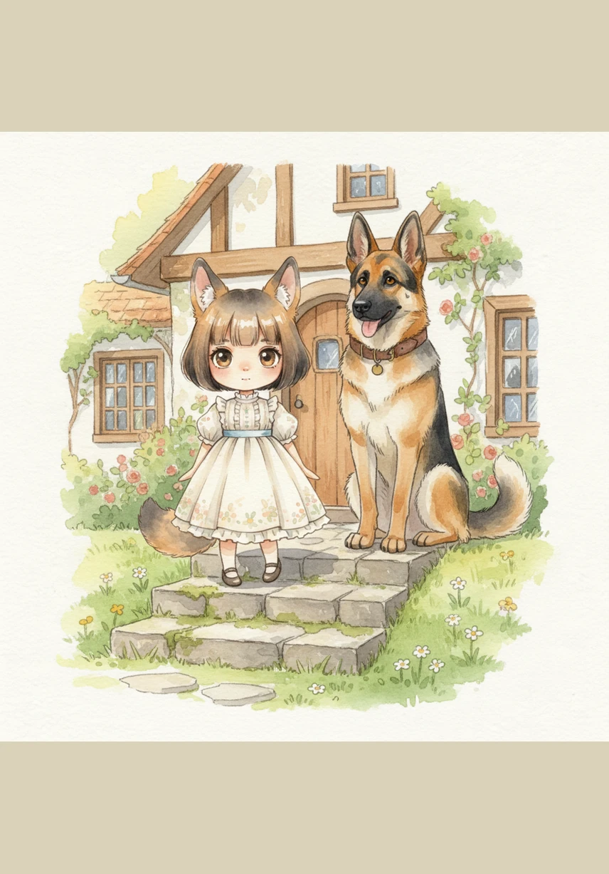 Den lilla flickan Elin kommer ut på trappan med en gammal, dammig karta som hon hittat på vinden. Bruno spetsar sina stora öron och viftar ivrigt på svansen, redo för ett nytt spännande uppdrag.