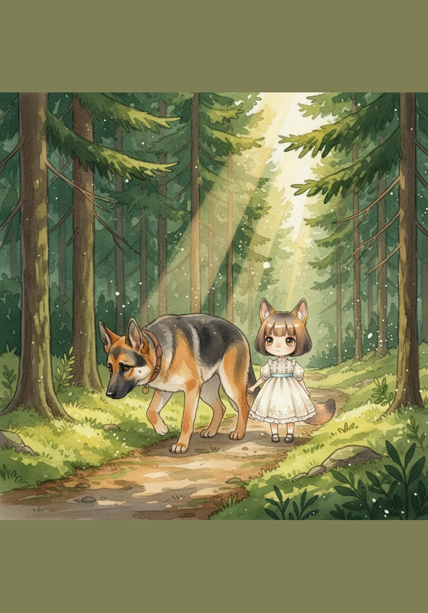 De vandrar tillsammans in i den djupa, gröna skogen där solstrålarna silar genom de höga granarnas täta grenar. Bruno går först på den smala stigen och nosar nyfiket i den mjuka mossan för att visa vägen.