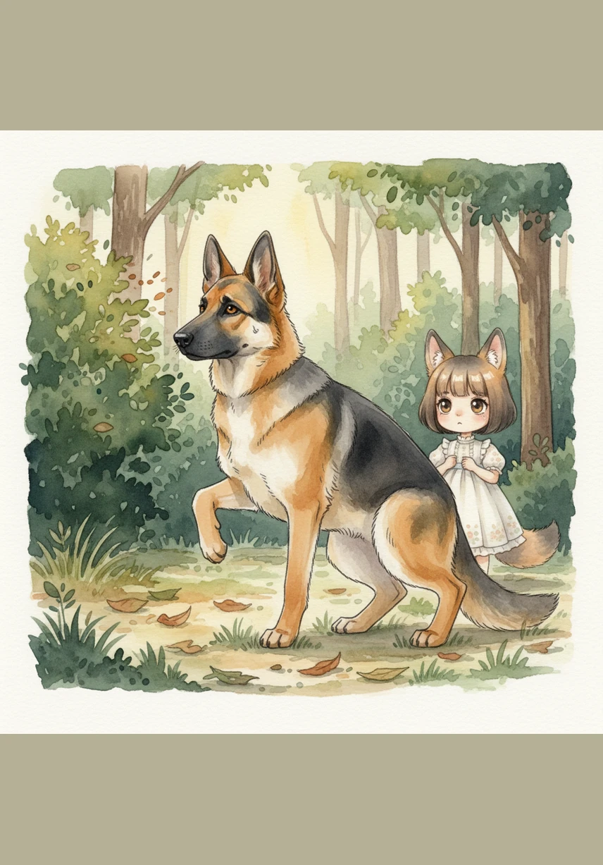 Plötsligt stannar Bruno och lyfter ena tassen medan han lyssnar intensivt mot ett prasslande buskage. Hans vaksamma blick och stolta hållning visar att han är skogens sanna och modiga beskyddare.