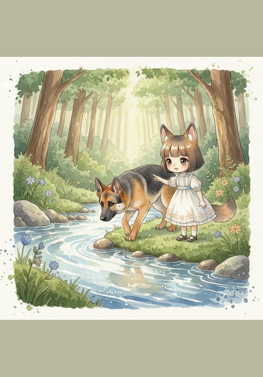 De når en porlande bäck där det klara vattnet glittrar likt tusen diamanter mellan de grå stenarna. Bruno hoppar smidigt över till andra sidan och väntar tålmodigt på att Elin ska hitta balansen och följa efter.