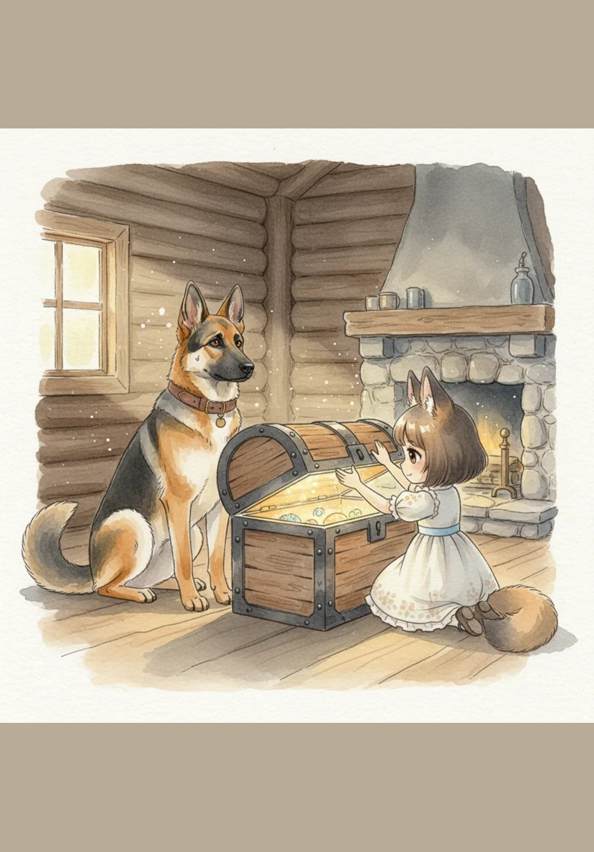 Inne i stugan hittar de en gammal skattkista av trä som doftar av svunnen tid och äventyr. Bruno sitter stolt vakt vid kistan medan Elin försiktigt lyfter på locket för att se de glittrande minnena inuti.