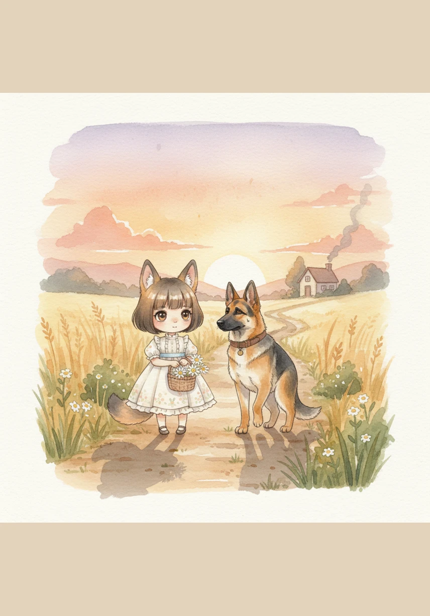 När himlen börjar färgas i mjuka nyanser av rosa och orange påbörjar de sin vandring tillbaka mot hemmet. Bruno går trött men lycklig vid Elins sida, med huvudet högt och svansen viftande i takt med deras steg.