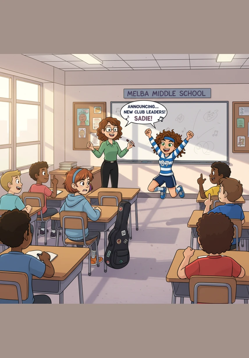 In the sunlit classroom of Melba Middle School, the teacher announces an upcoming talent show with a grand prize performance at a local festival. While the room erupts in excited whispers, shy Alice clutches her notebook tightly, her heart fluttering with a mix of hope and fear while Caroline and Sadie cheer nearby.